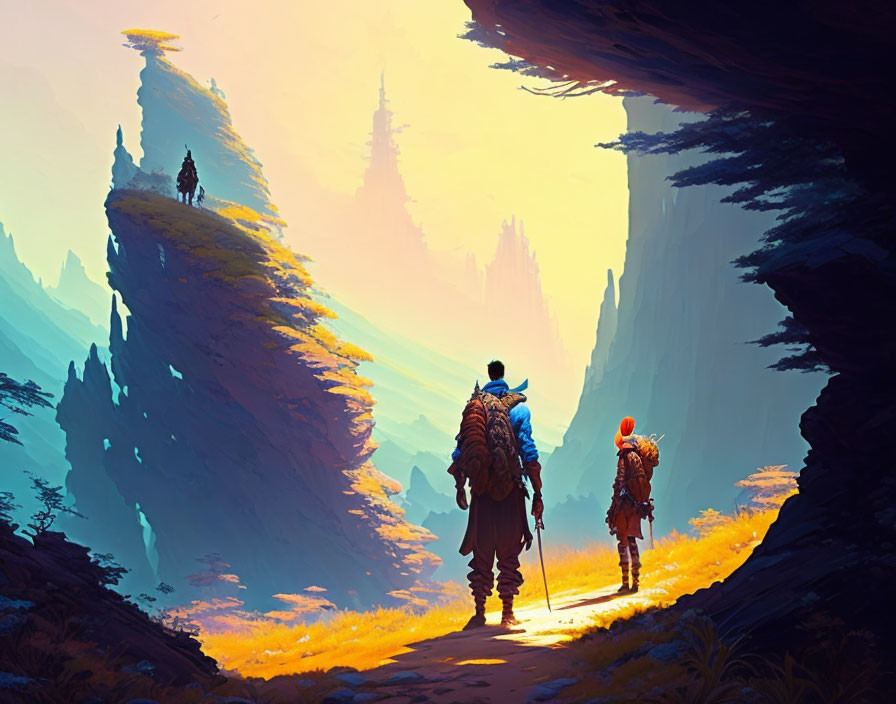 Adventurers walking in high-walled canyon under amber sky