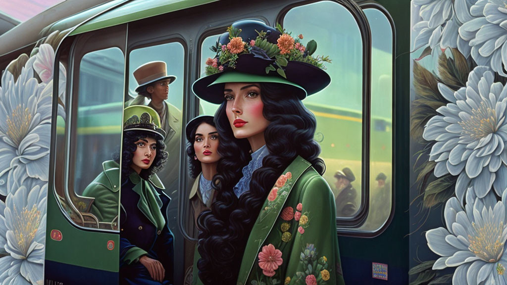 Four women in vintage attire by subway train with floral backdrop