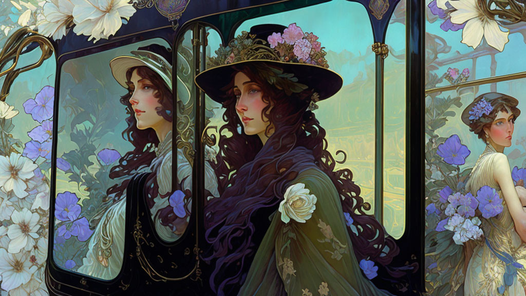 Art Nouveau-style illustration of woman with dark hair and floral hat reflected in mirrors among white flowers.