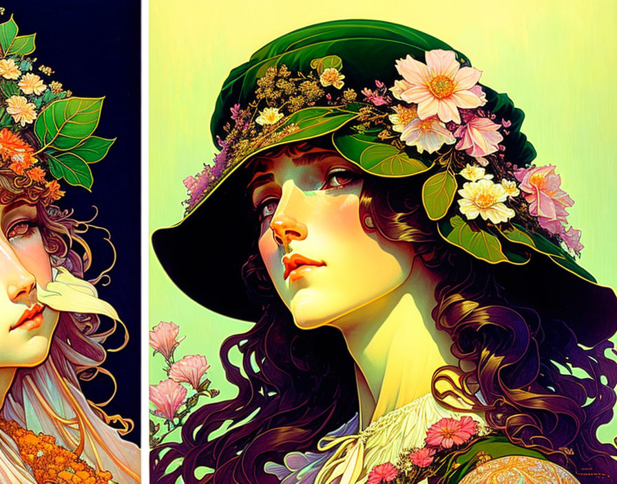 Colorful digital illustration of two women in floral hats with intricate details and radiant quality