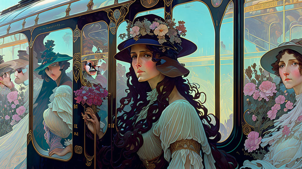 Illustration of woman with flowers by ornate trolley and reflections in windows