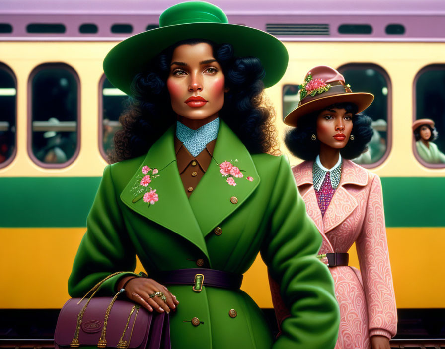 Three women in vibrant outfits and hats posing confidently in front of a colorful train