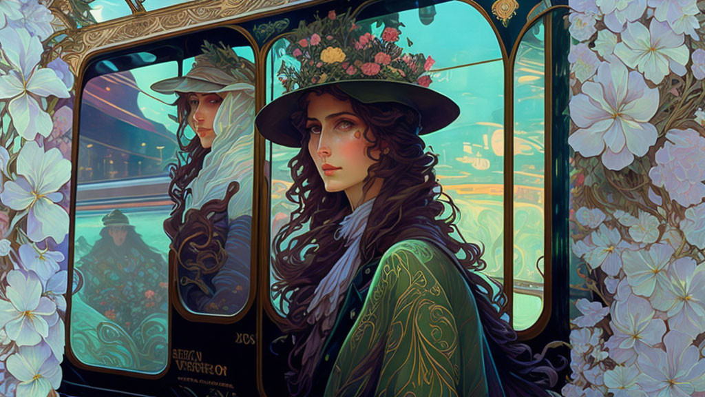 Illustrated woman in flowery hat and green cloak by window with blue hydrangeas.