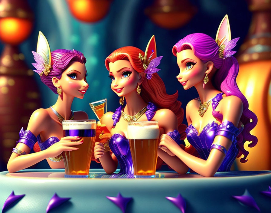 Colorful fairy characters enjoying drinks in whimsical tavern setting