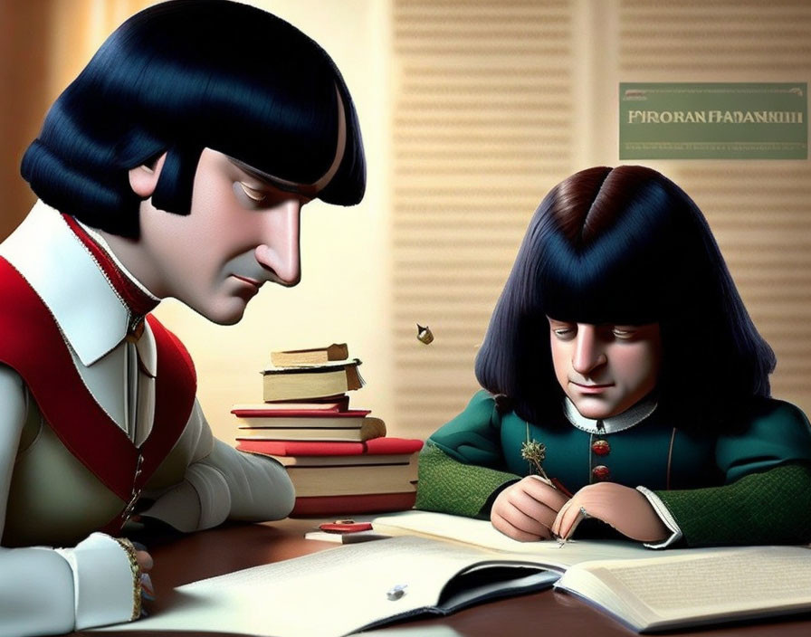 Historical cartoon figures reading and writing at desk with books