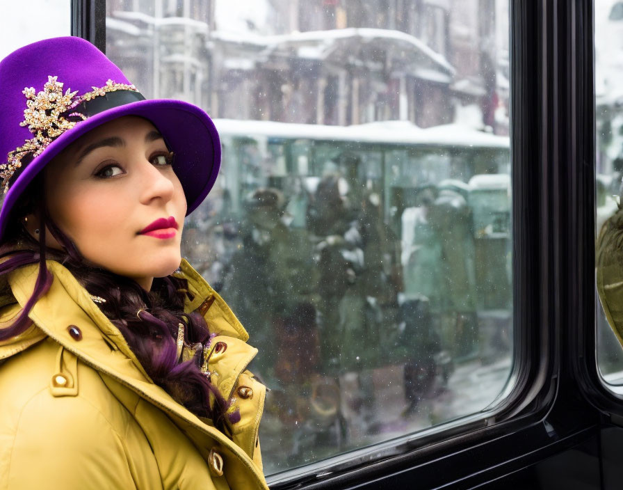 Young woman in purple hat and yellow coat on bus in snowy day.