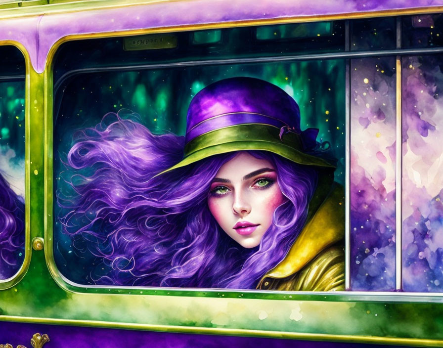Colorful Illustration: Woman with Purple Hair and Green Hat in Magical Bus Window
