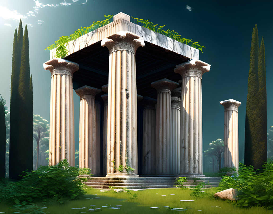 Ancient Greek temple with Doric columns and cypress trees in digital art