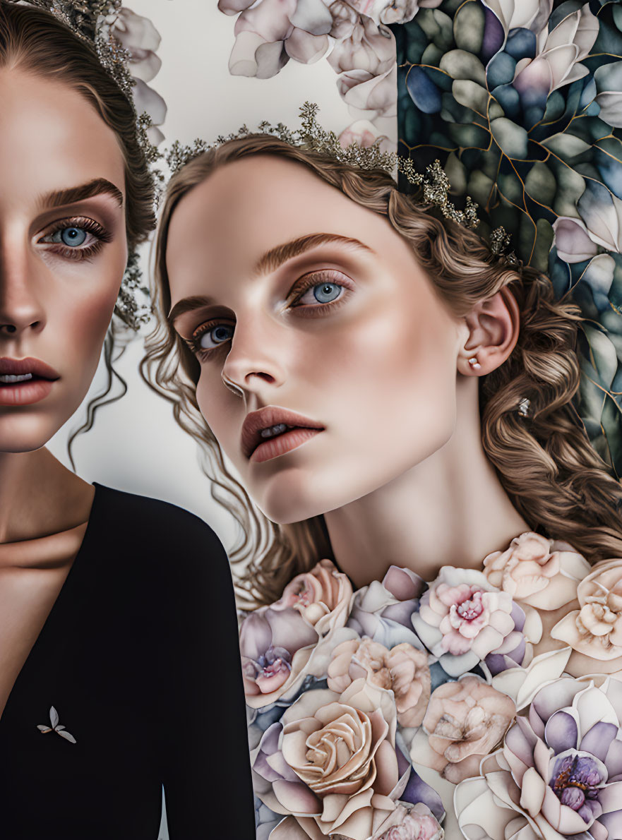 Digital Artwork: Two Women with Floral Adornments and Blue Eyes