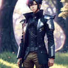 Dark-haired male character in futuristic armor standing in forest with falling leaves