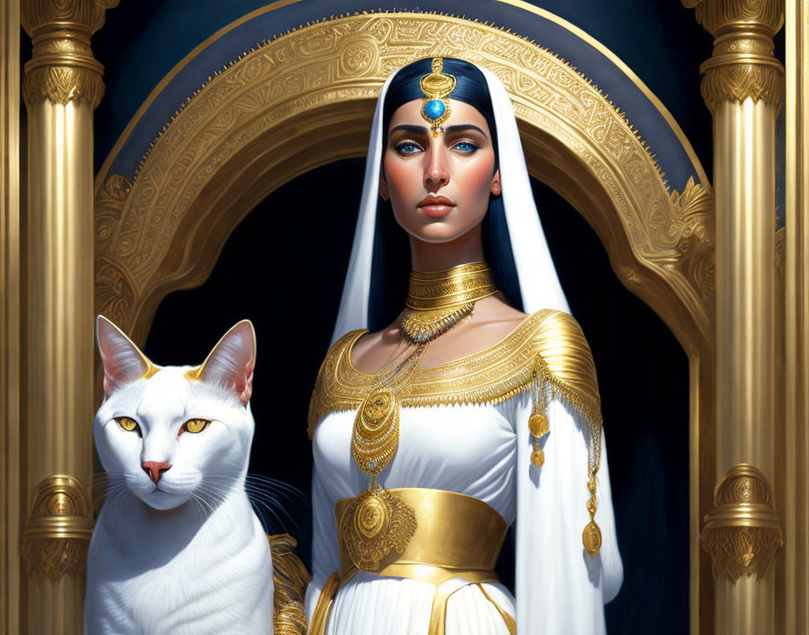 Ancient Egyptian woman portrait with white cat in regal attire