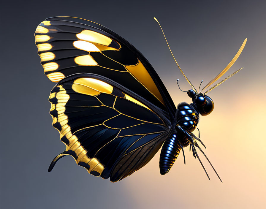 Colorful Butterfly with Black and Yellow Patterns on Wings Against Gradient Background
