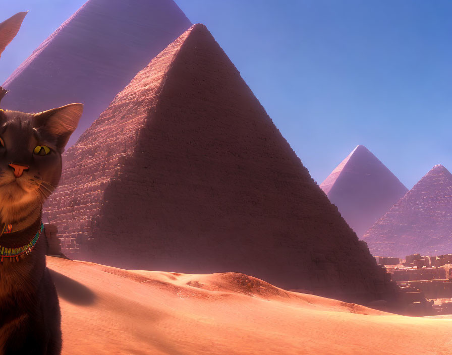 Curious Cat with Green Eyes and Pyramids Background
