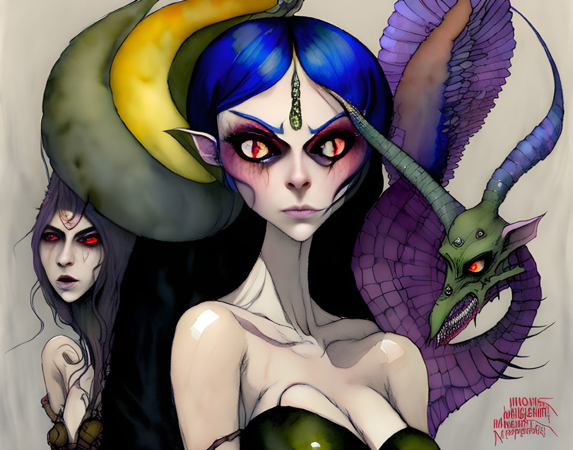 Fantastical female figure with blue hair, horns, serpent companion, and spectral being.