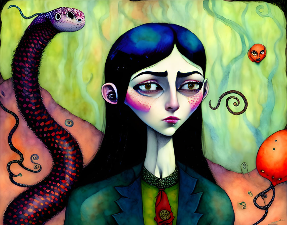 Illustration of woman with blue hair and whimsical creatures