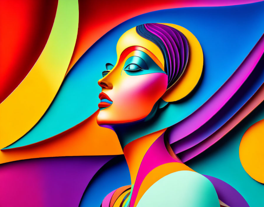 Colorful digital artwork featuring woman's profile with flowing shapes and bold lines.