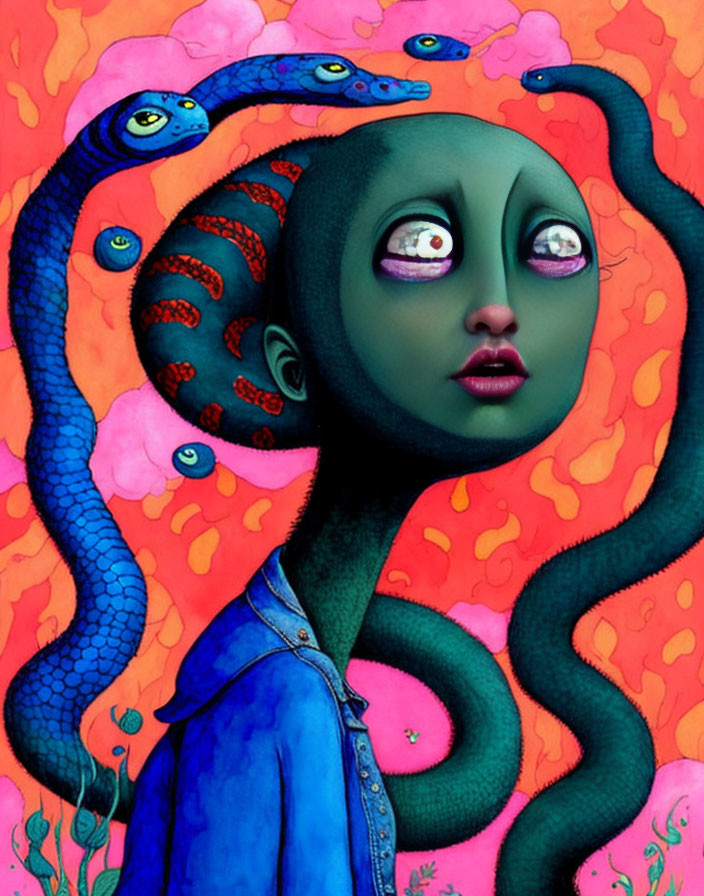 Vibrant surreal portrait with green-skinned figure and blue snakes on pink background
