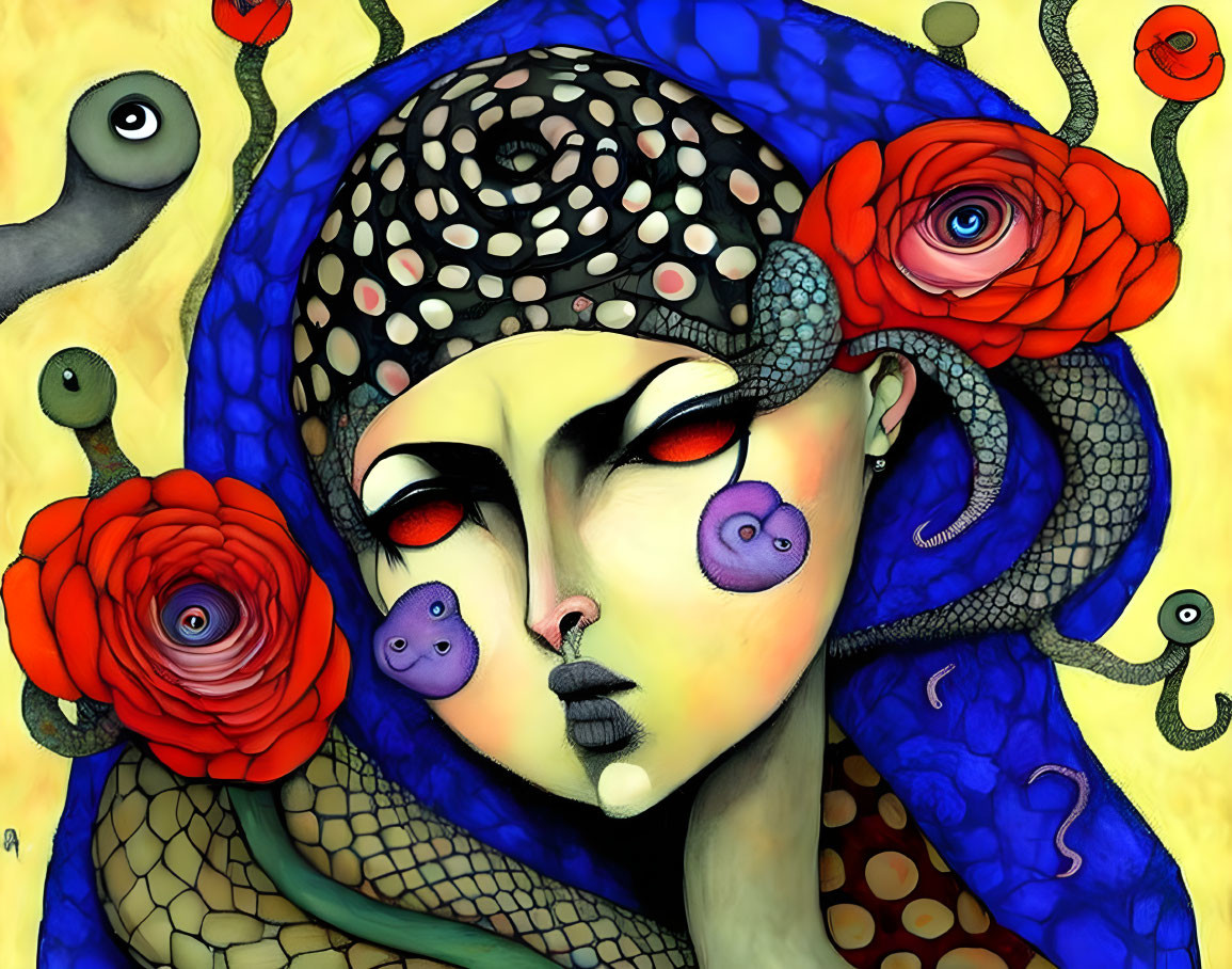 Vibrant surreal artwork: face, serpents, roses, fish-like creatures