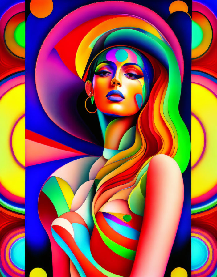 Colorful digital artwork of woman with flowing hair in psychedelic style