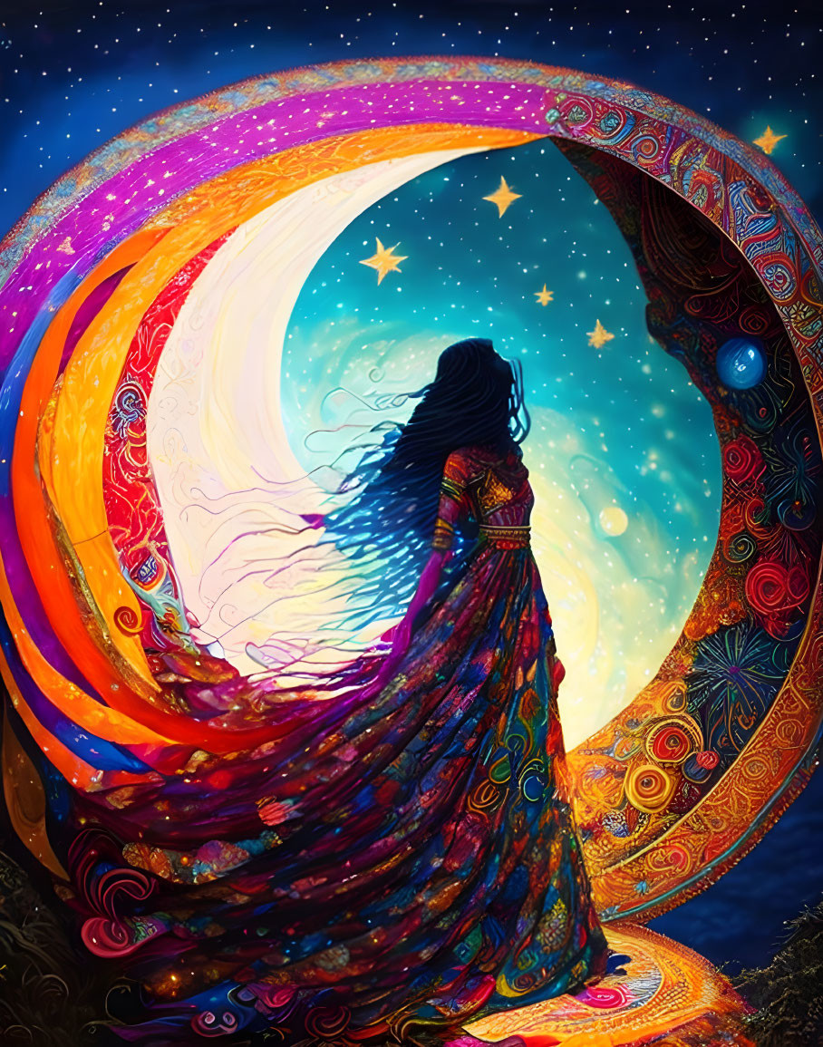 Woman in flowing dress by crescent moon gate under starry sky