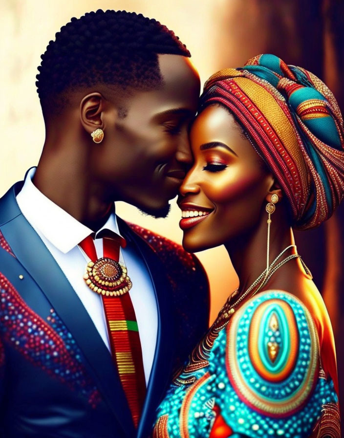 Joyful couple in vibrant traditional African attire touching foreheads affectionately