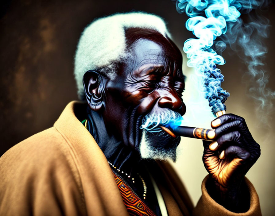 Elderly man with white beard smiling, smoking cigar, wearing hat and jacket with African patterns
