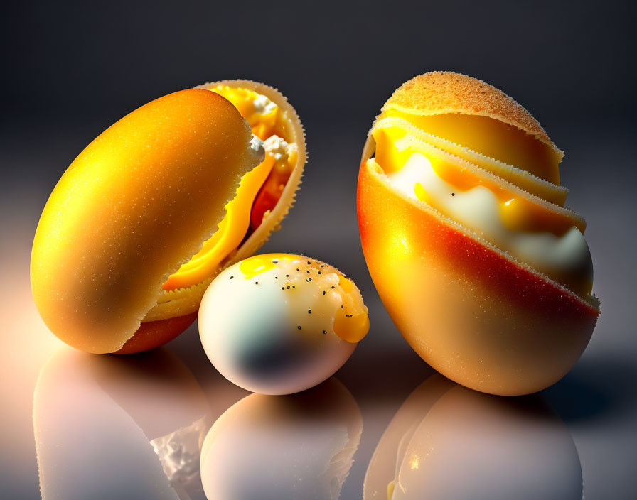Surreal egg art: planet-like shells, yolk and white interiors on reflective surface