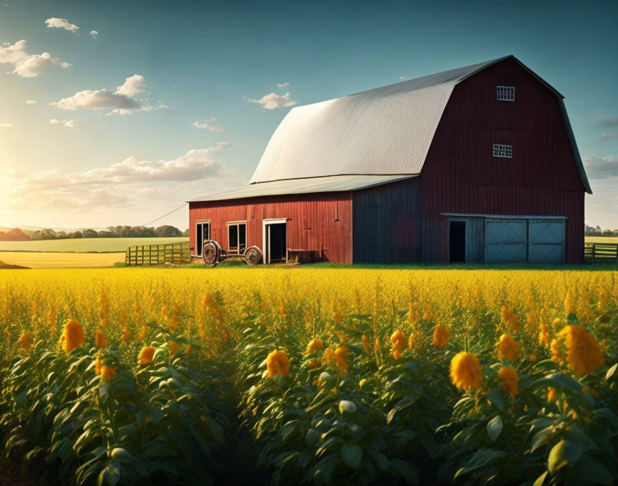 Red barn with silver roof in sunflower field at golden hour