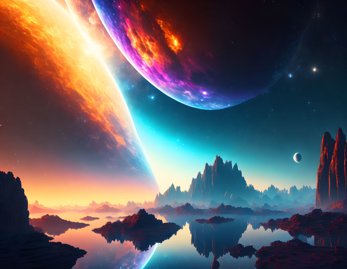 Large planet, starry sky, and rocky terrain in sci-fi landscape