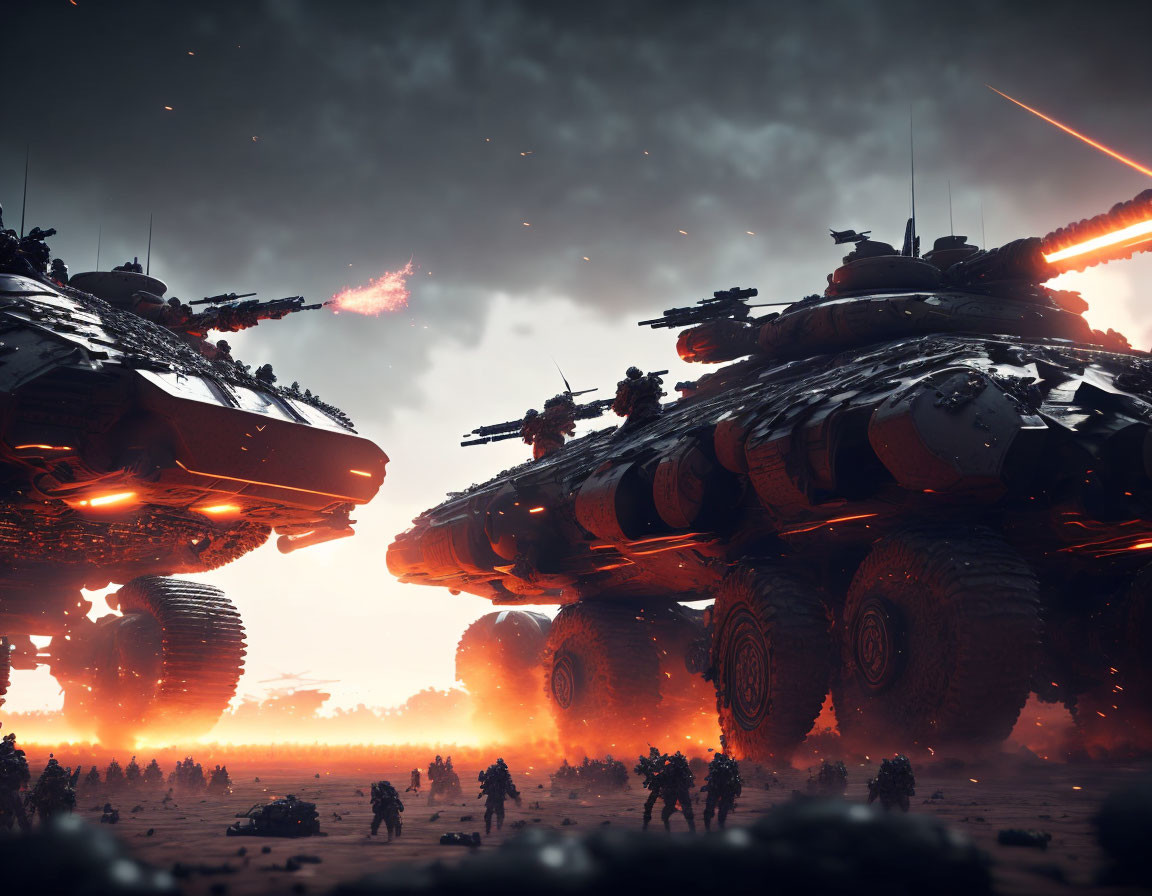 Large Hovering Tanks and Ground Troops in Futuristic Battlefield