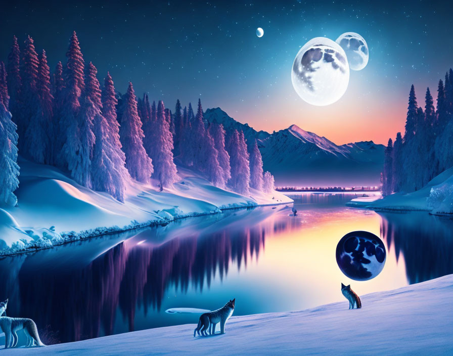 Snowy Night Landscape with Wolves, River, Pine Trees, and Moons