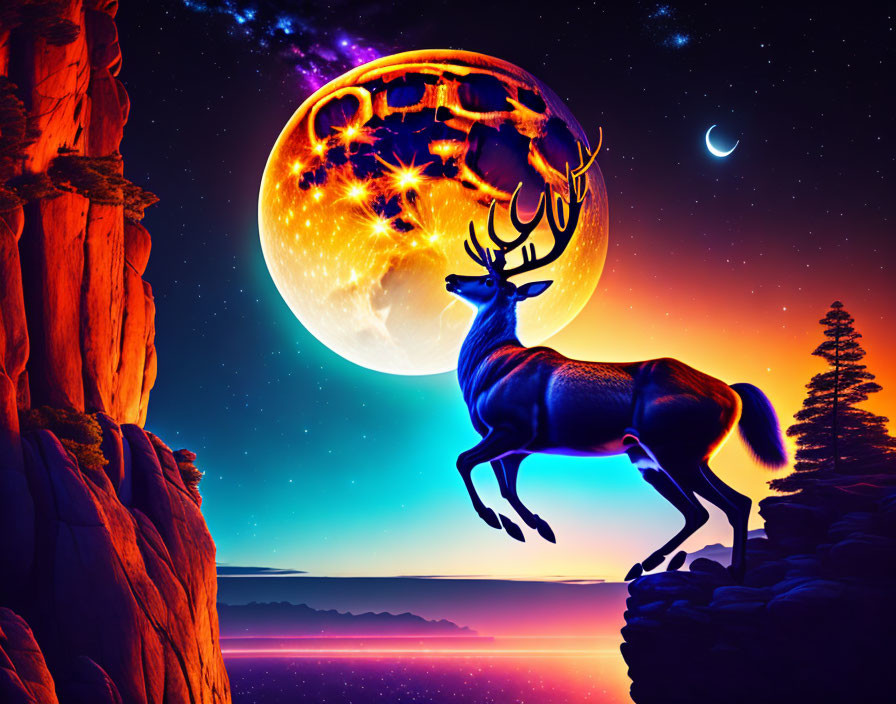 Majestic stag silhouette against vibrant moon backdrop.