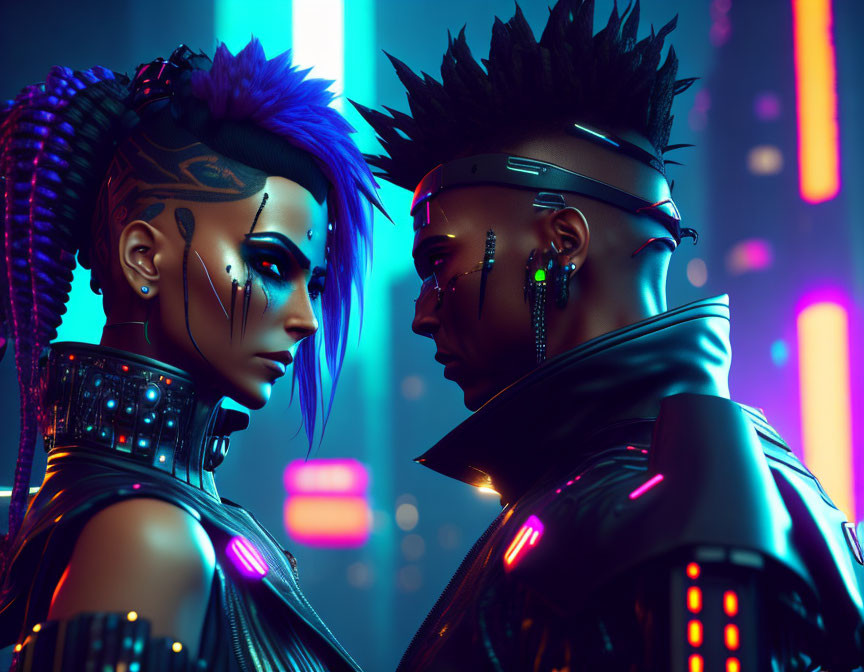 Futuristic individuals with cybernetic enhancements in cyberpunk setting