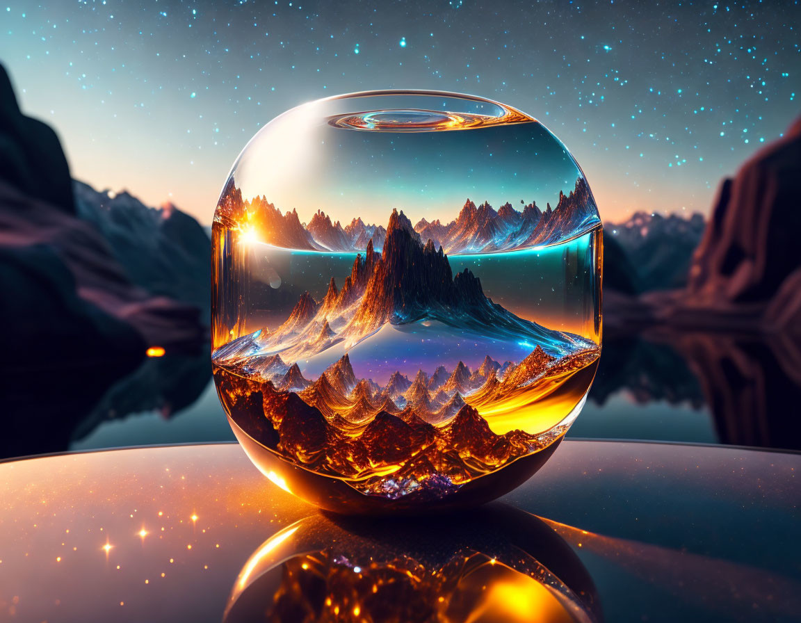 Crystal ball reflecting starlit mountain range near serene lake at dusk