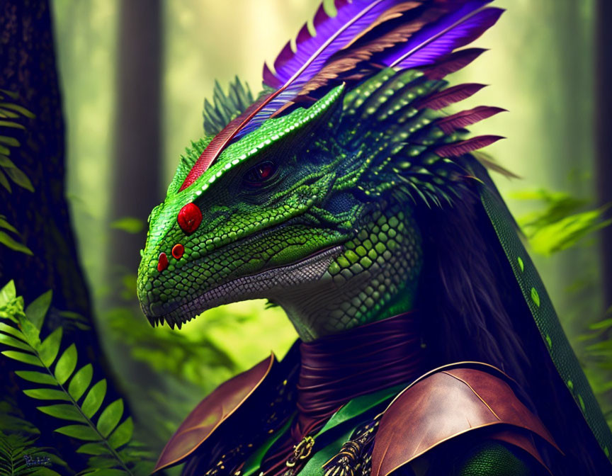 Colorful Dragon-Humanoid in Green Scales and Ornate Armor in Forest