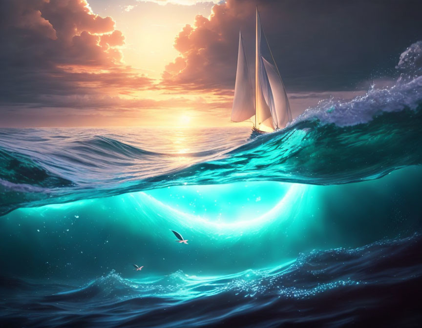 Sailboat cresting wave at sunset with bioluminescence and seabirds