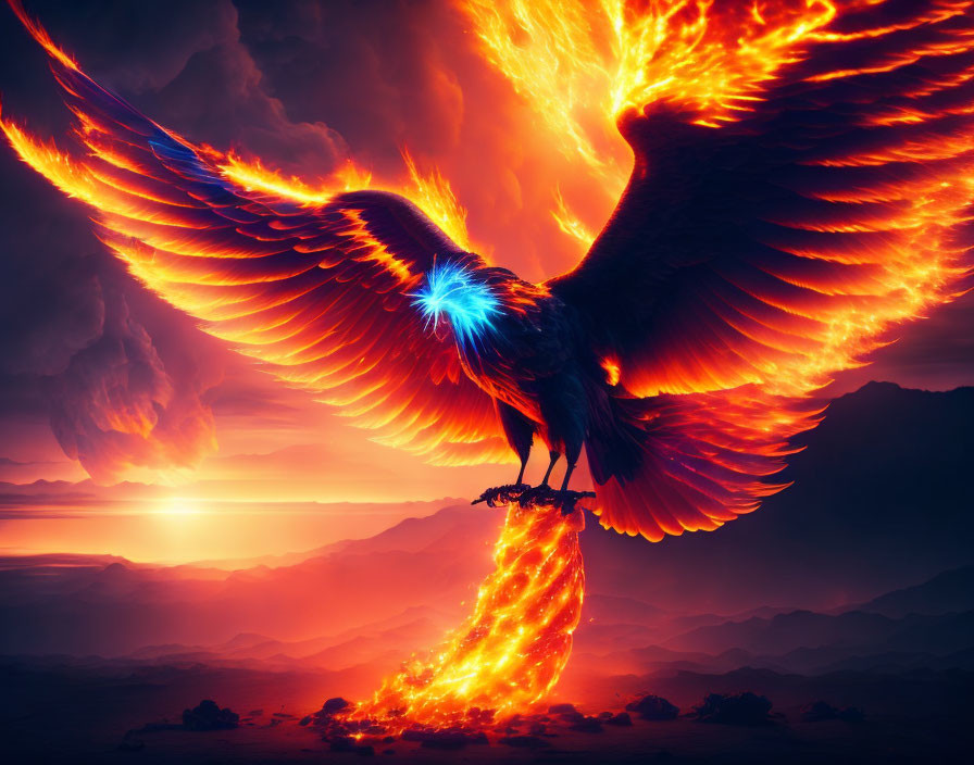 Majestic phoenix with fiery wings in dramatic sunset