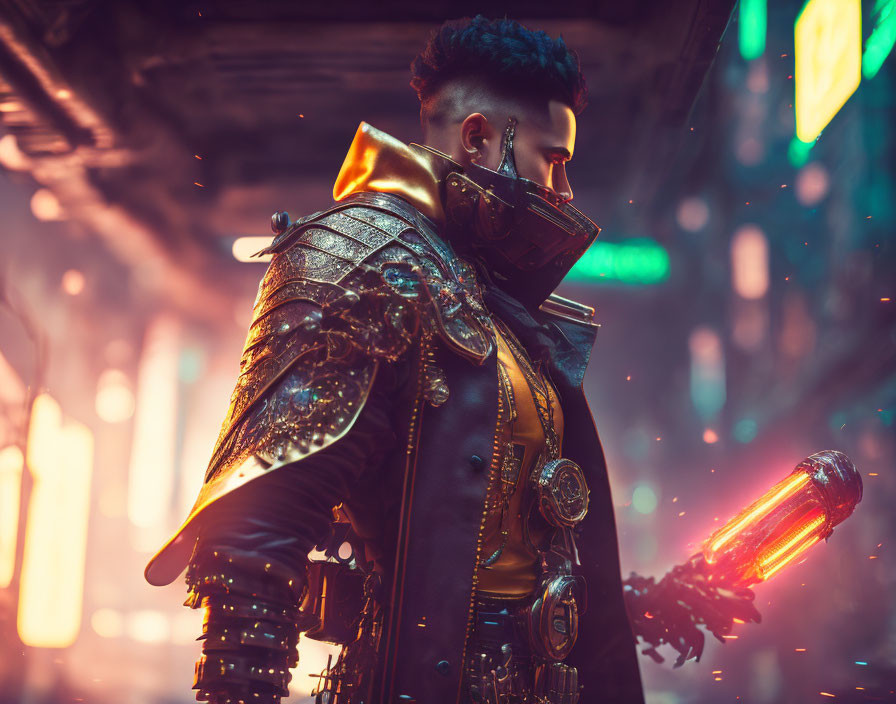 Futuristic armored figure with glowing mask and weapon in neon-lit alley
