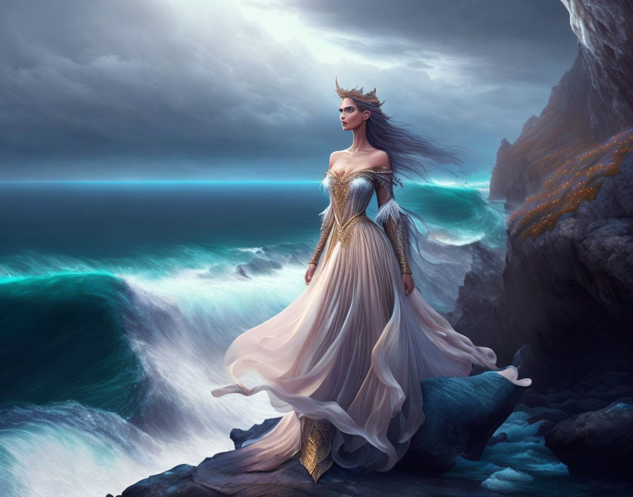 Regal figure in flowing gown on cliff overlooking stormy sea