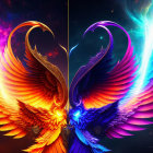 Symmetrical mythical bird creatures in fiery and cool colors