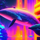 Futuristic neon-lit cityscape with whale-like spaceship above water