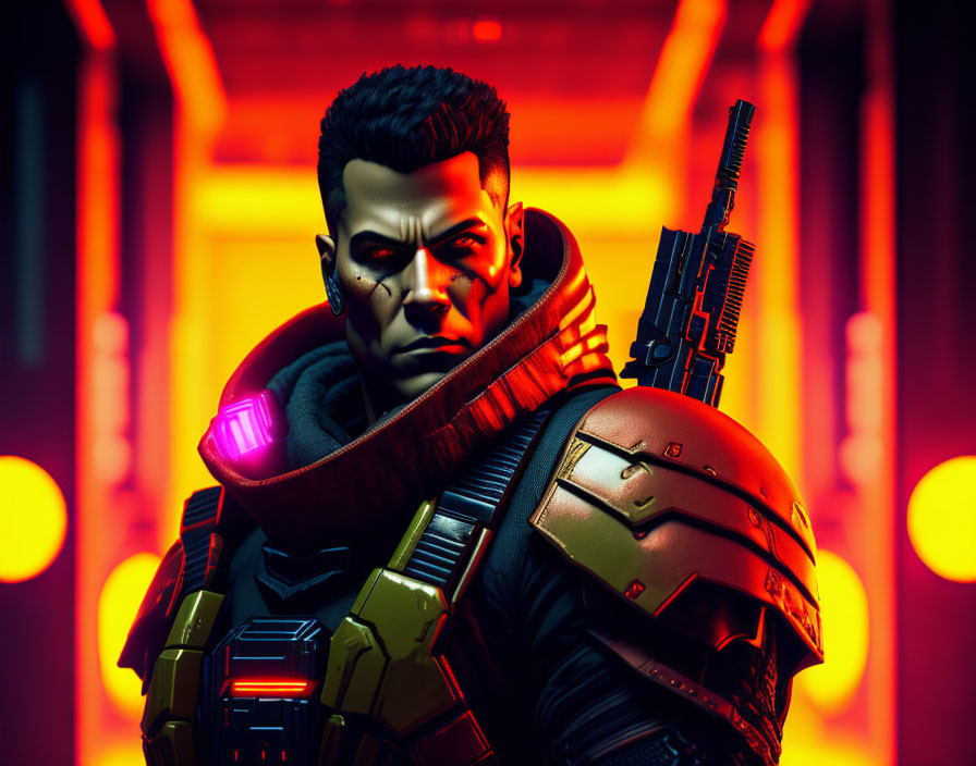 Futuristic military male character with scar and rifle on colorful backdrop