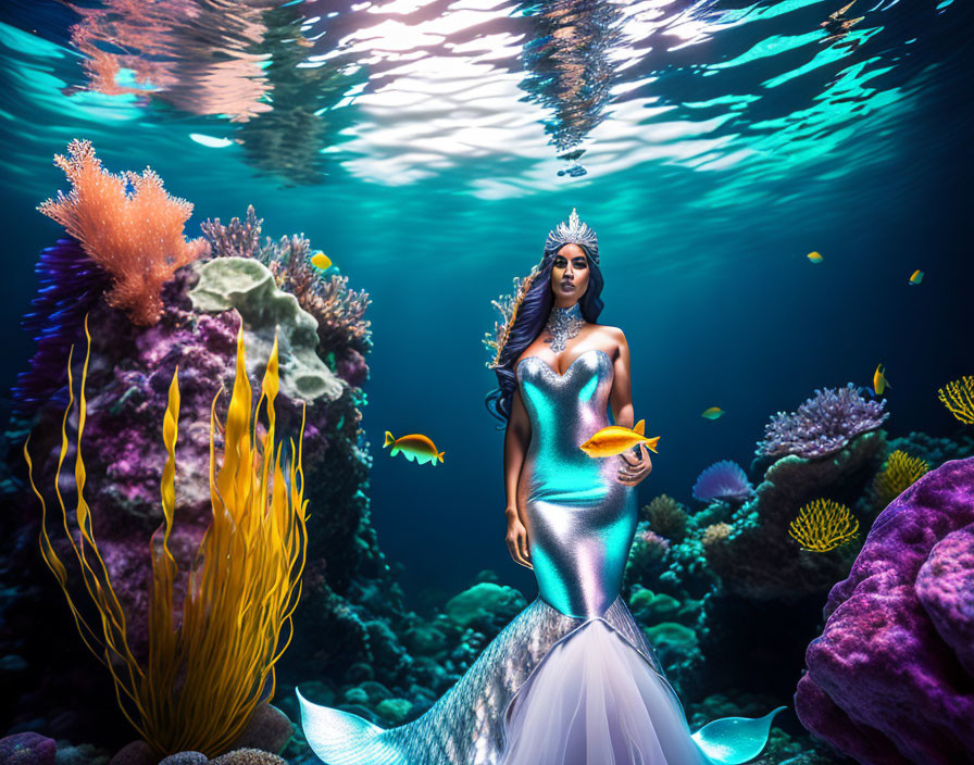 Silver-tailed mermaid with crown among vibrant coral and fish underwater