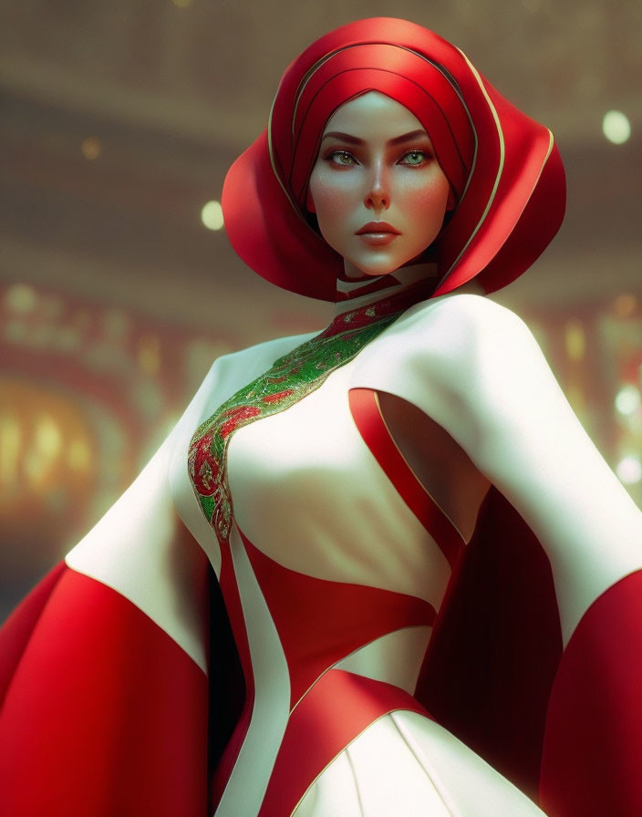 Stylized female figure in red and white attire with blue eyes on soft-lit background
