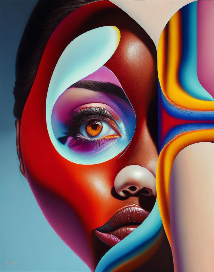 Colorful Swirling Shapes Around Woman's Face