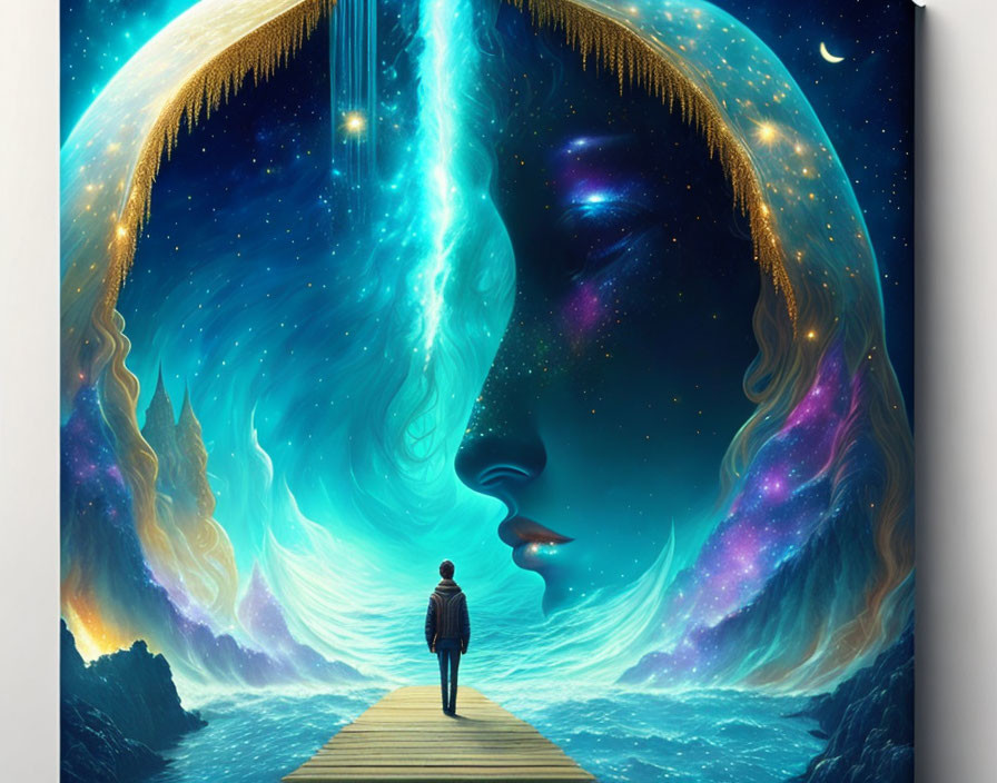 Person on pier faces cosmic scene with celestial face, stars, and flowing nebula blending into sea under