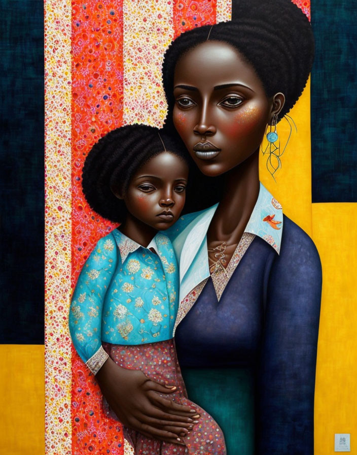 African woman and child painting with stylized features on colorful background