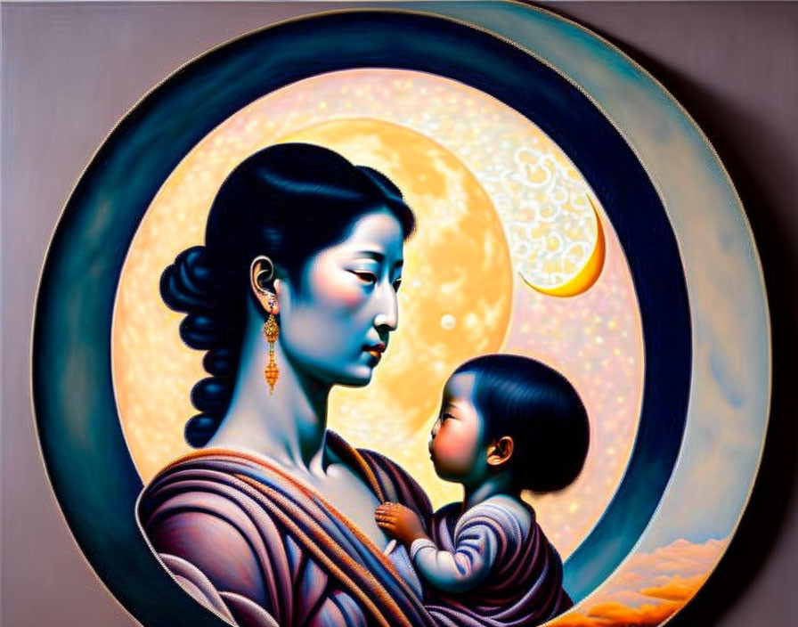 Stylized painting of Asian woman and child under full moon in rich blue and golden tones