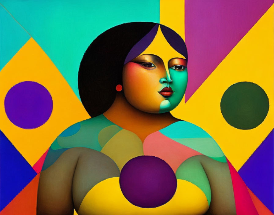 Geometric background with colorful shapes framing a woman.