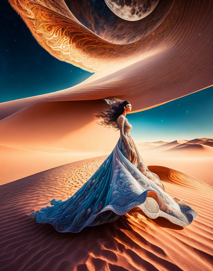 Woman in Elaborate Gown on Sand Dunes under Surreal Sky